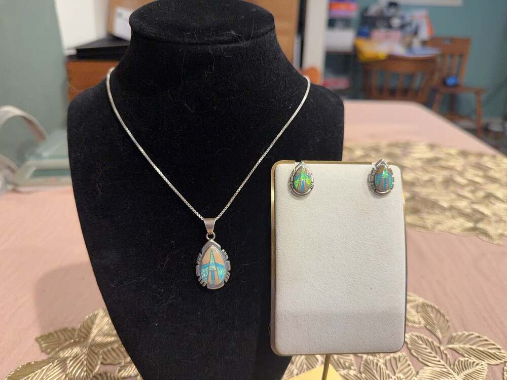 Native American Sterling Silver Inlay Pendant and Earring Set